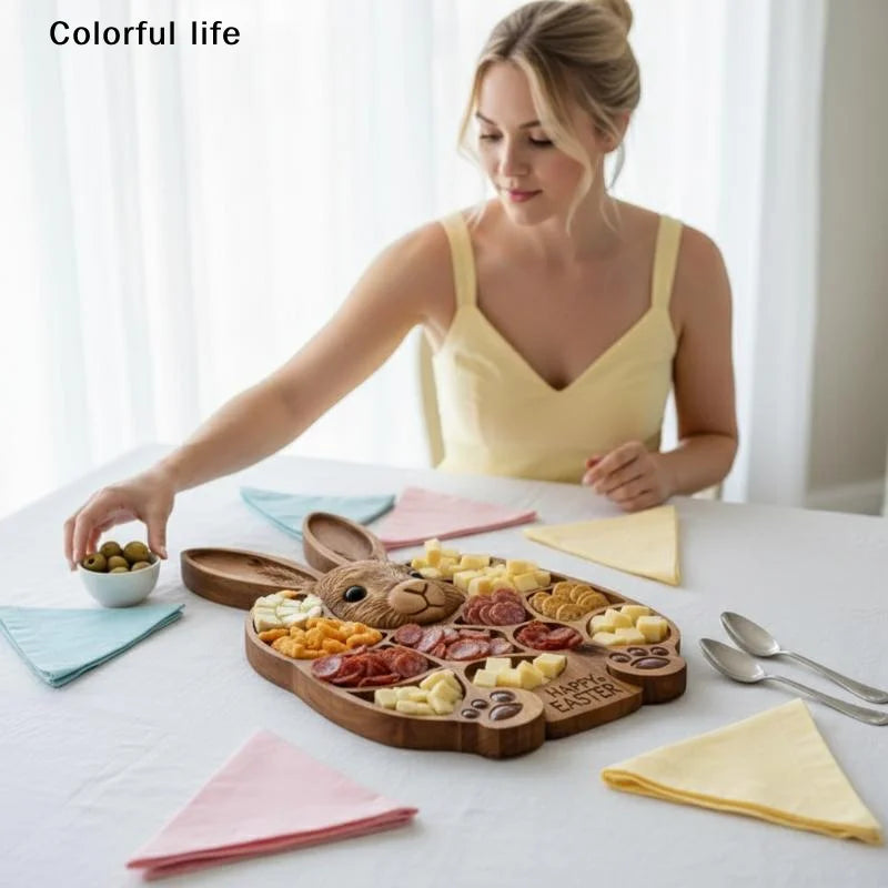 Adorable Rabbit Wooden Charcuterie Board 2026, Easter Bunny Deli Serving Tray with Compartments.
